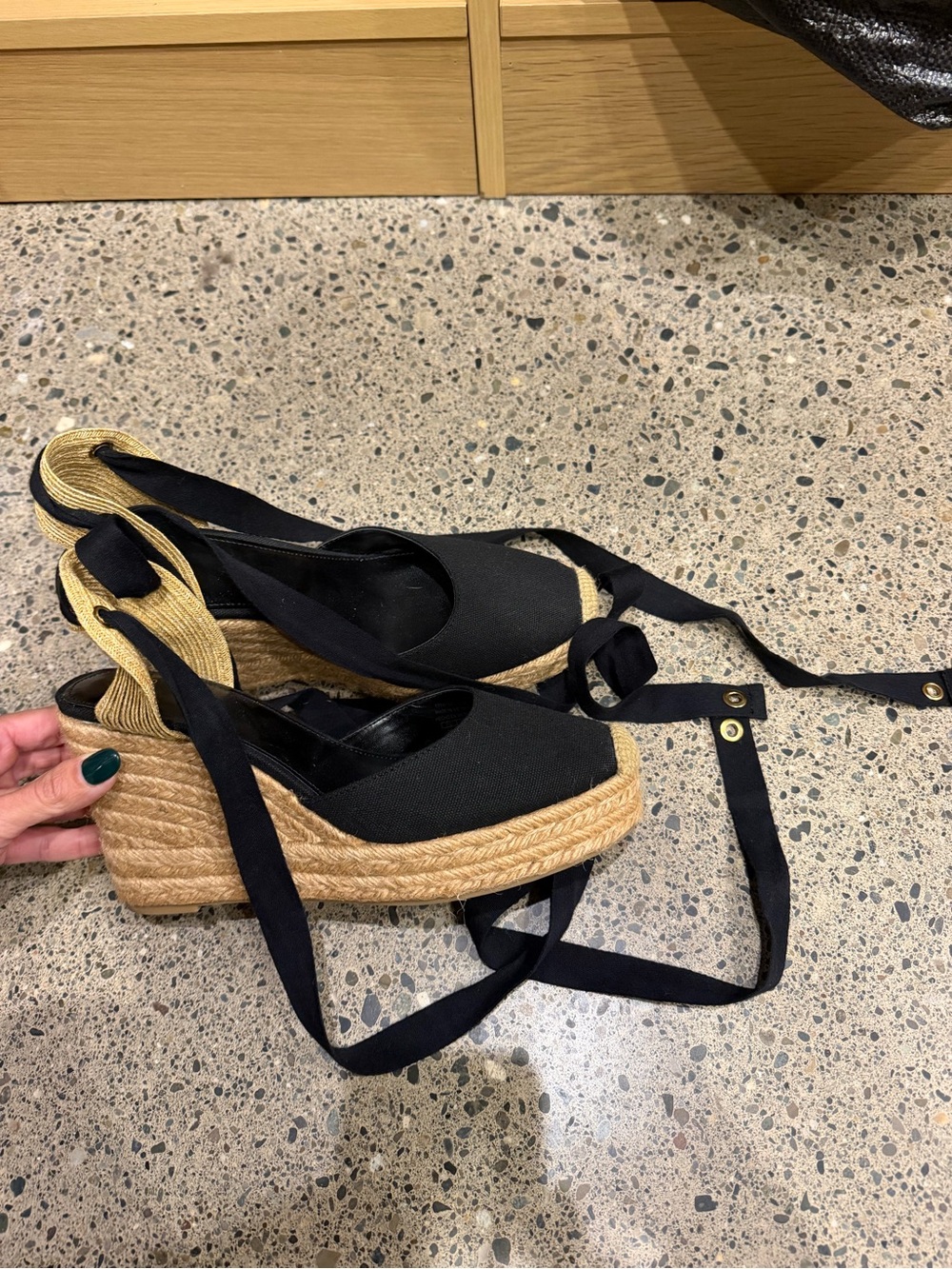 Mango Black Espadrille Wedge Tie-Up Sandals with Natural Jute Platform